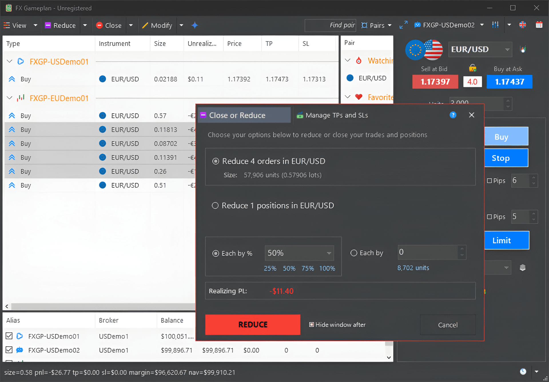 Reduce and close any number of trades